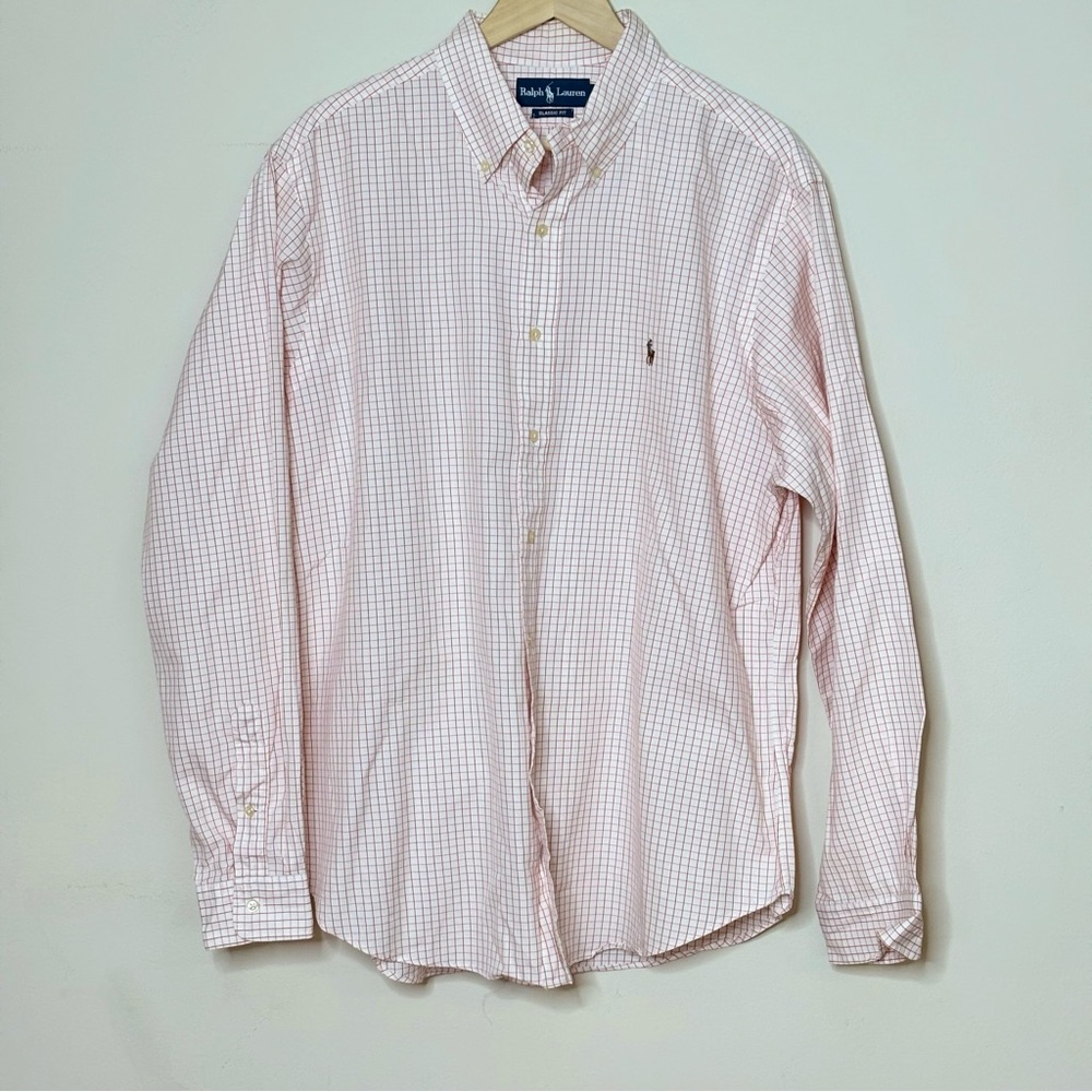 Classic Fit Grid Button Down Shirt Long Sleeve Cotton 17.5 36/37 Ralph Lauren
